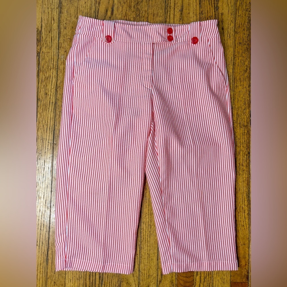 Orange White Striped Seersucker Capris Size 10P Preppy Coastal Beach Boho